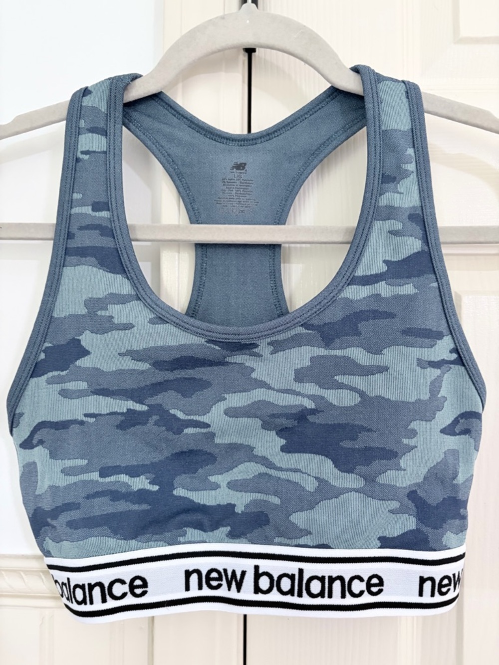 New Balance Women's Blue Camo Racerback Sports Bra with Branded Hem